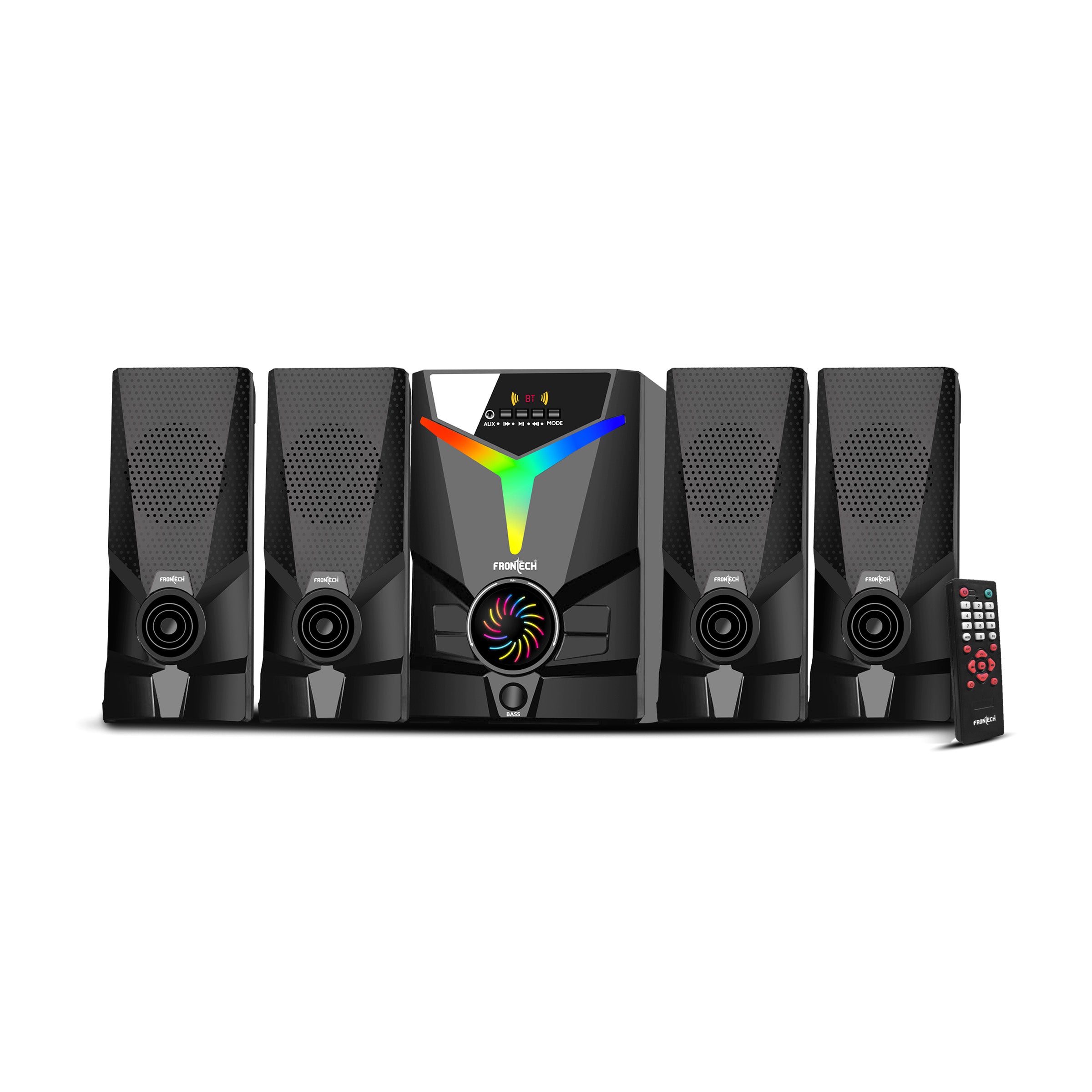 FRONTECH 60W Bluetooth 5.0 Multimedia Speaker| Powerful Bass | 4.1 Channel |Surround Sound System | USB | AUX | FM Radio | Wireless Remote Control for Home & Office (SW-0155) FRONTECH 60W Bluetooth 5.0 Multimedia Speaker| Powerful Bass | 4.1 Channel |Surround Sound System | USB | AUX | FM Radio | Wireless Remote Control for Home & Office (SW-0155)